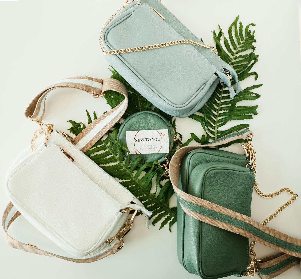 services-04 Flatlay of stylish leather handbags on a backdrop of green fern leaves. Perfect for fashion lovers.